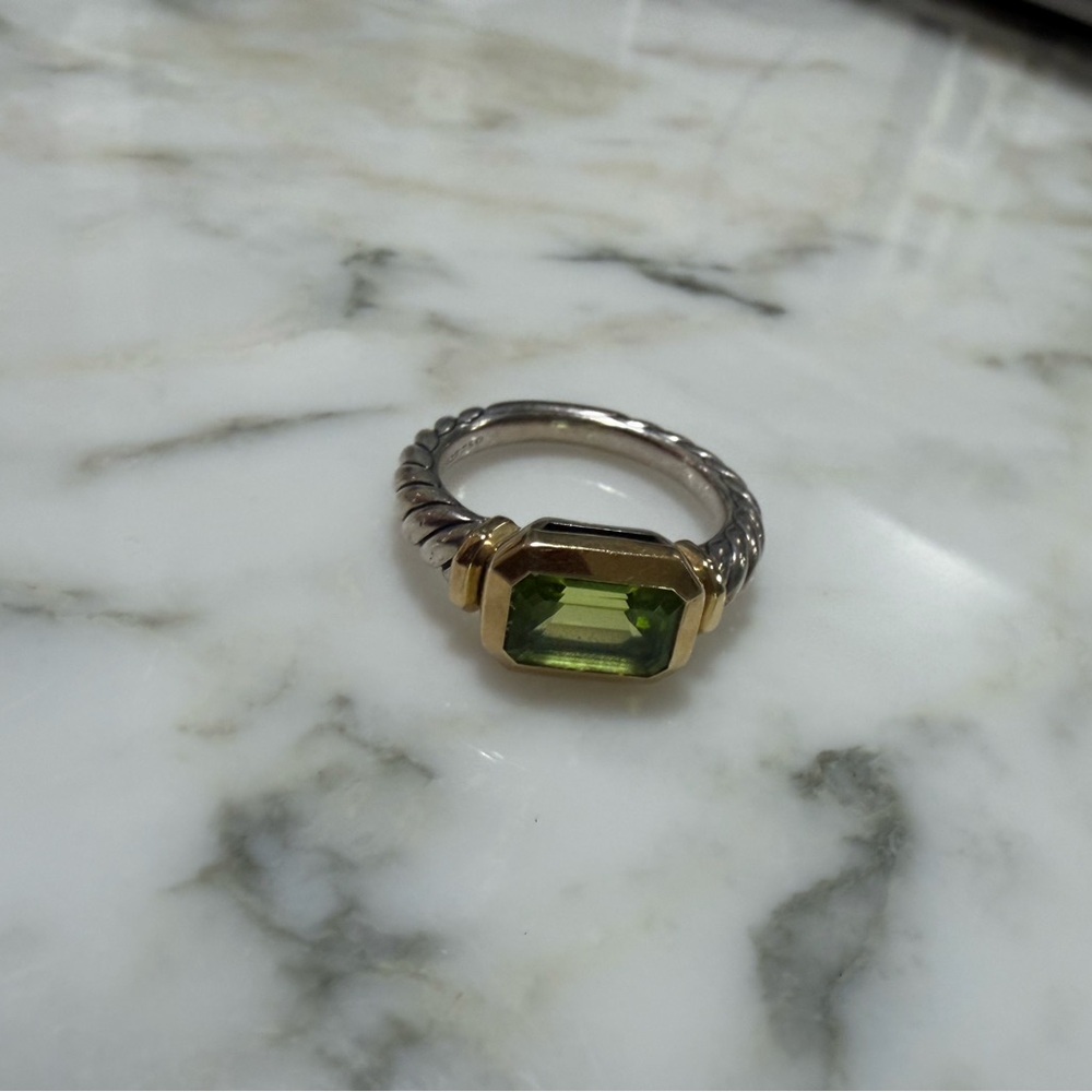 David Yurman Silver Ring with Peridot and Gold Bezel